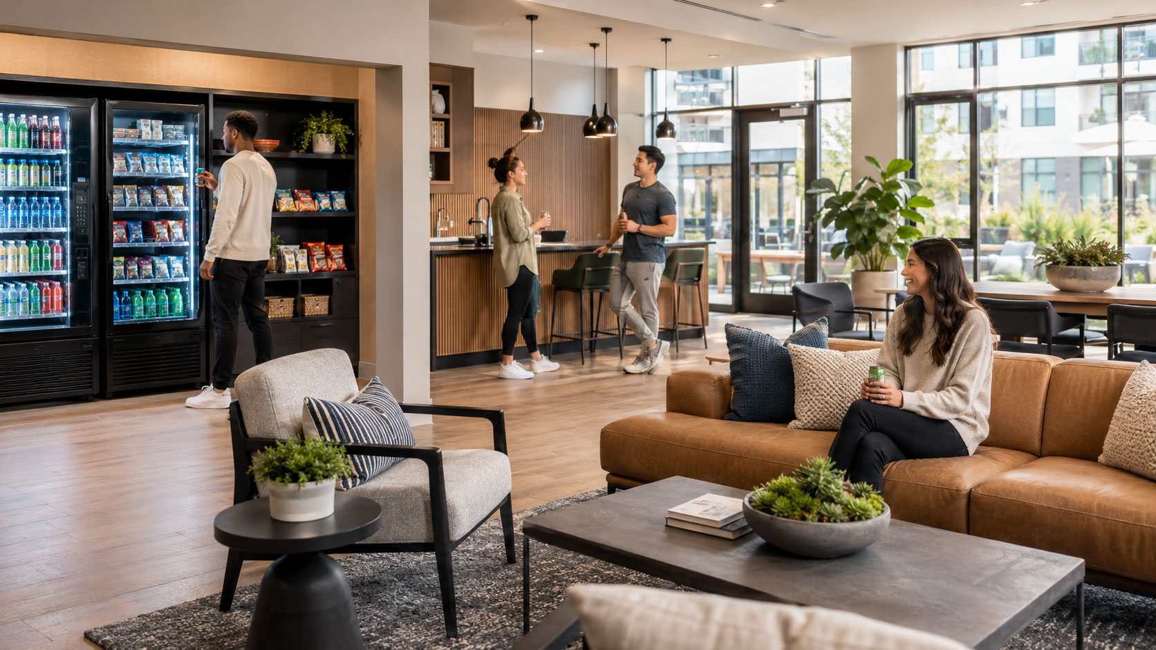 Apartment community amenity area with vending and refreshment services