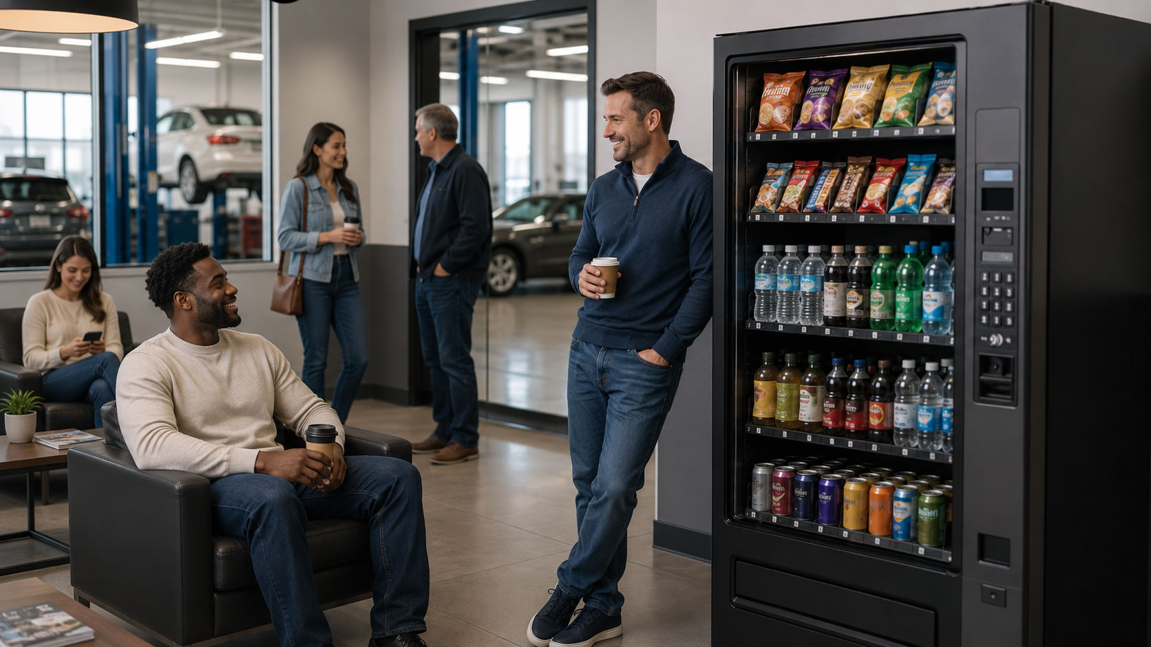 Modern vending setup inside an automotive service facility