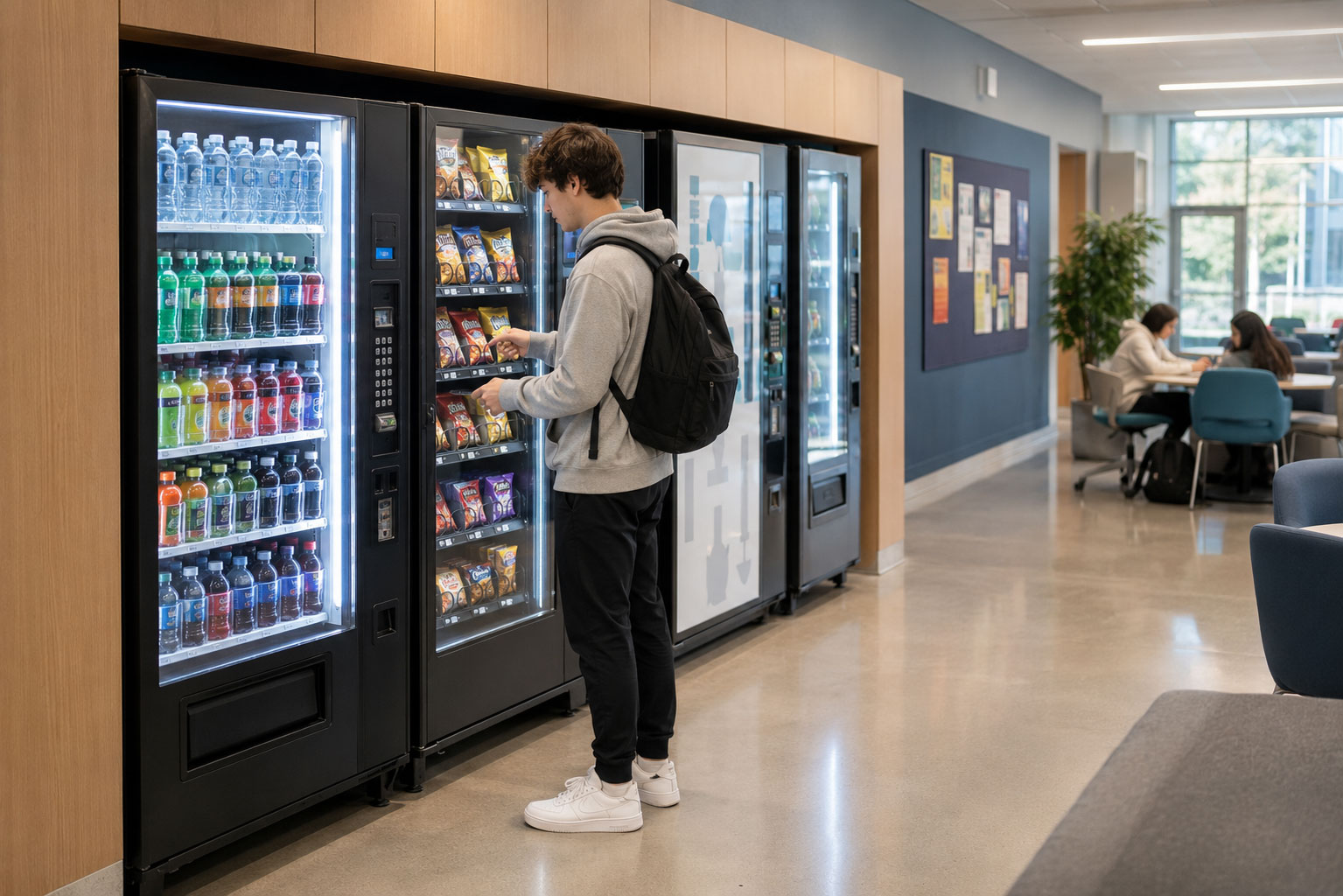 Students and staff using a campus vending and refreshment area