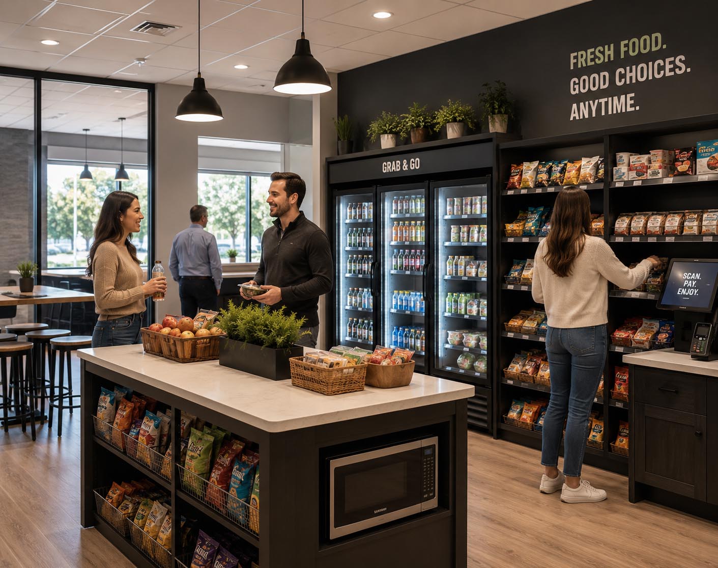 Modern micro market with coolers, shelves, and self-checkout