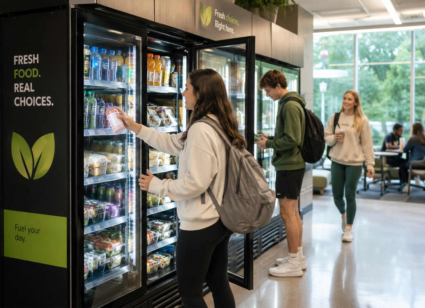 Fresh food and beverages inside a smart cooler on campus